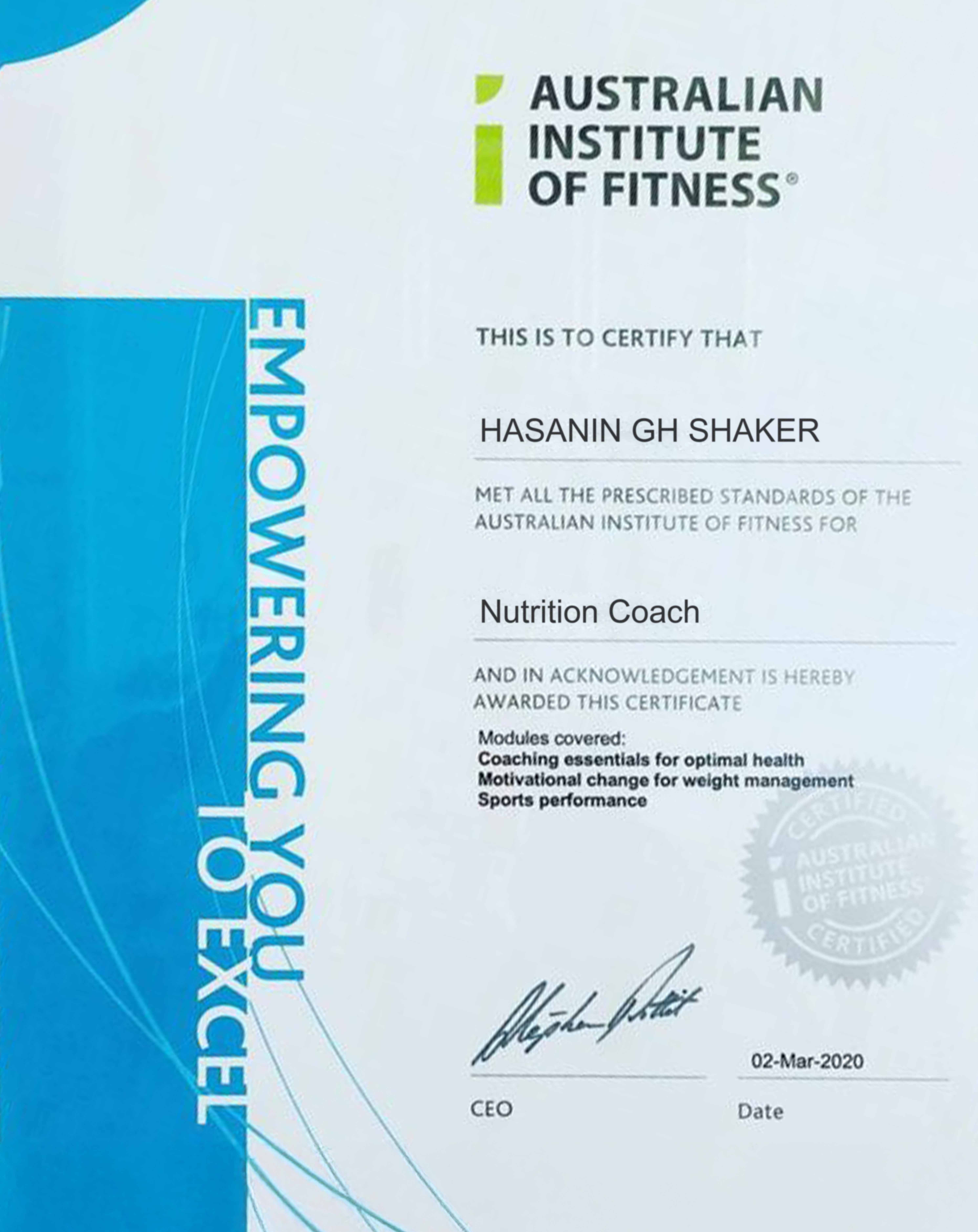 شهادة Nutrition Coach من Australian Institute of Fitness