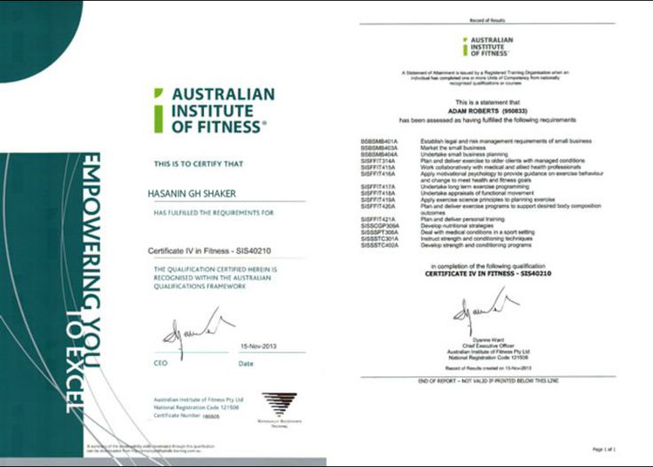 شهادة Certificate IV in Fitness من Australian Institute of Fitness